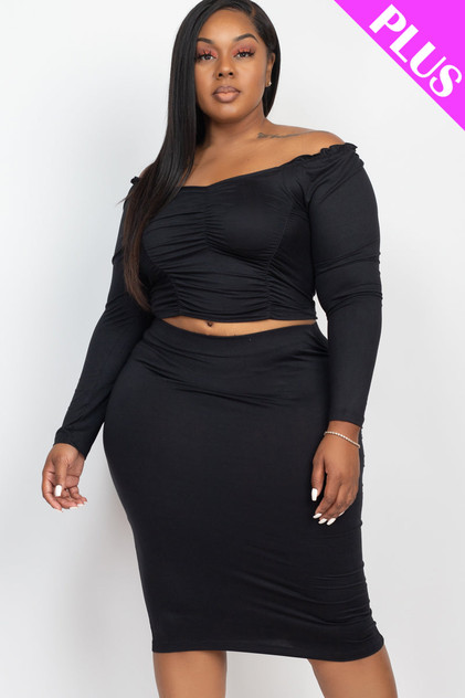 Plus Size Ruched Long Sleeve Top & Pencil Skirt Set (CAPELLA)