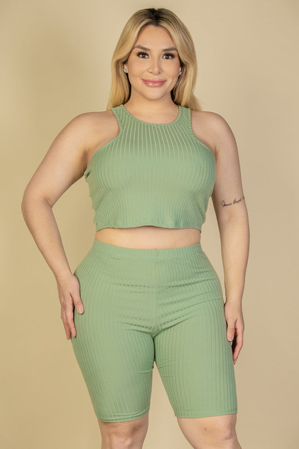 Plus Size Ribbed Cropped Tank Top and Biker Shorts Set (CAPELLA)