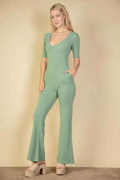 French Terry Short Sleeve Flare Jumpsuit (CAPELLA)