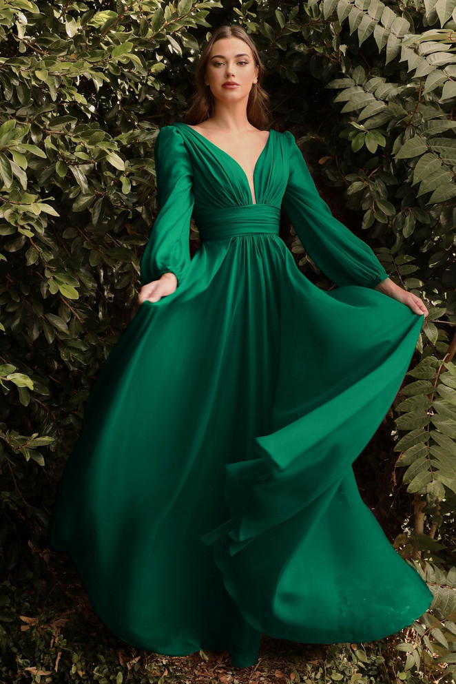 Long Sleeve Chiffon Prom & Ball Dress Modest Gown Gathered Fitted Bodice Sensual Open Back A-line Silhouette CDCD0192