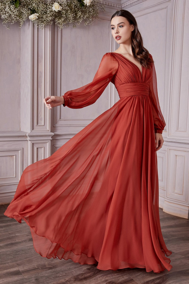 Long Sleeve Chiffon Prom & Ball Dress Modest Gown Gathered Fitted Bodice Sensual Open Back A-line Silhouette CDCD0192