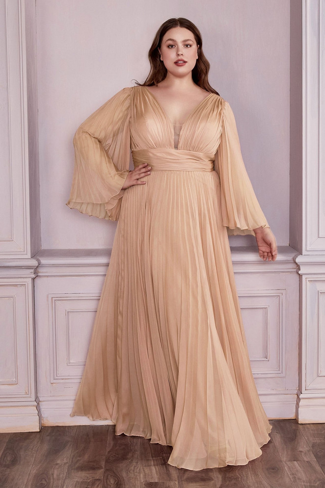 Long Sleeve Illusion V-neck Bodice Plus Size Chiffon Pleated Prom Gown Curvy Solid Bridesmaid Dress A-line Silhouette Skirt CDCD242C