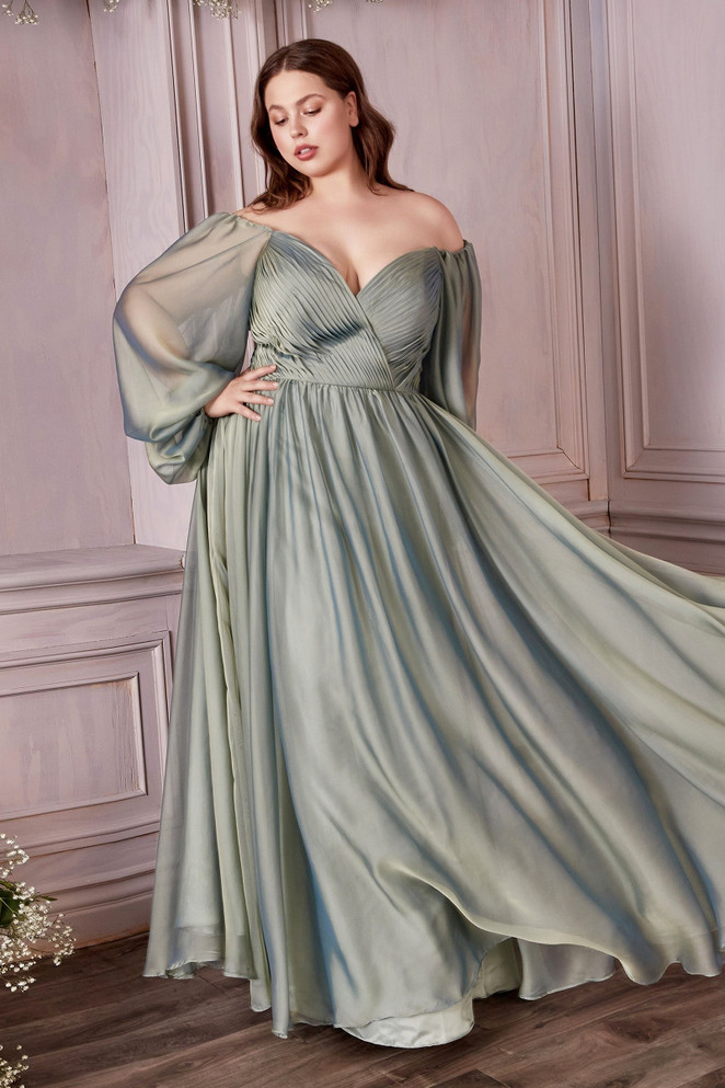 Long Sleeves Bodice A-line Chiffon Gown Plus Size Luxury Royal Style Classic Evening & Prom Dress CDCD243C