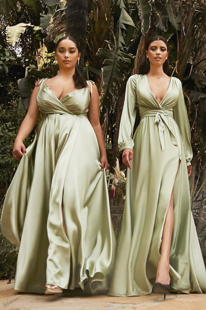 Flowy Satin A-Line Skirt with High Leg Slit Fitted on Waist Bodice Vintage Neckline with Tied Straps Prom Gown CDBD105