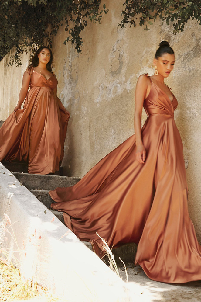 Flowy Satin A-Line Skirt with High Leg Slit Fitted on Waist Bodice Vintage Neckline with Tied Straps Prom Gown CDBD105