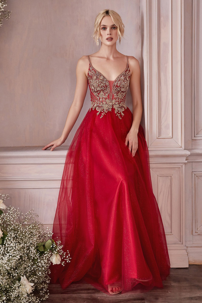 Layered Tulle A-Ling Illusion V-neck Straps Embroidered Bodice Long Prom Dress CDCD0195