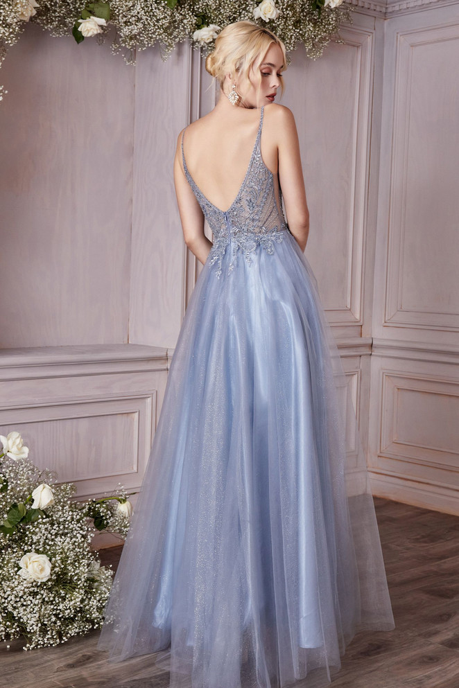 Layered Tulle A-Ling Illusion V-neck Straps Embroidered Bodice Long Prom Dress CDCD0195