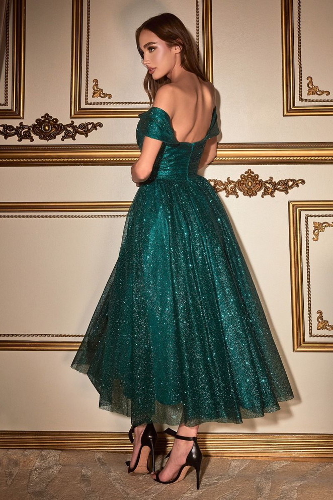 Off The Shoulder Embellished Glitter Open Back Sweetheart Tea Length Prom Dress CDCD870