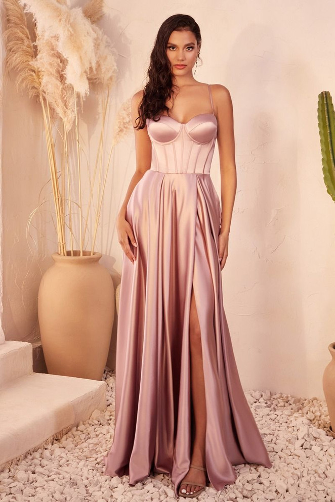 A-Line Satin Side Slit Bustier Spaghetti Straps Long Evening Dress CDCD337