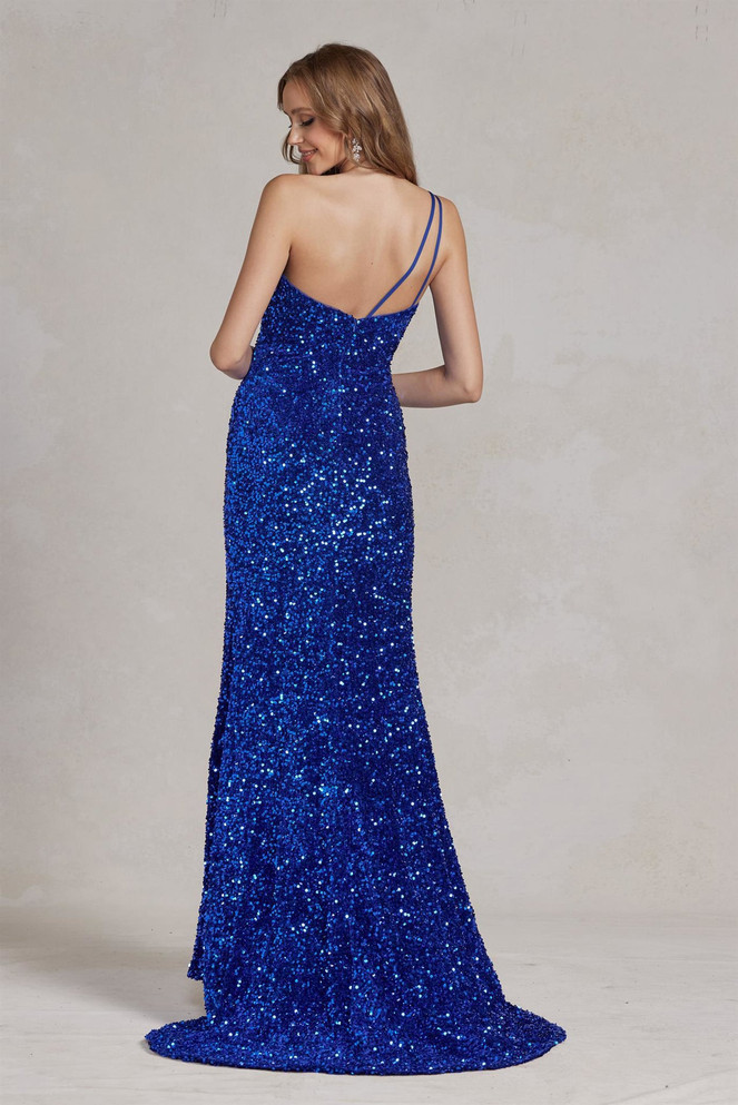 Side Slit One Shoulder Embroidered Sequins Open Back Long Evening Dress NXR1202