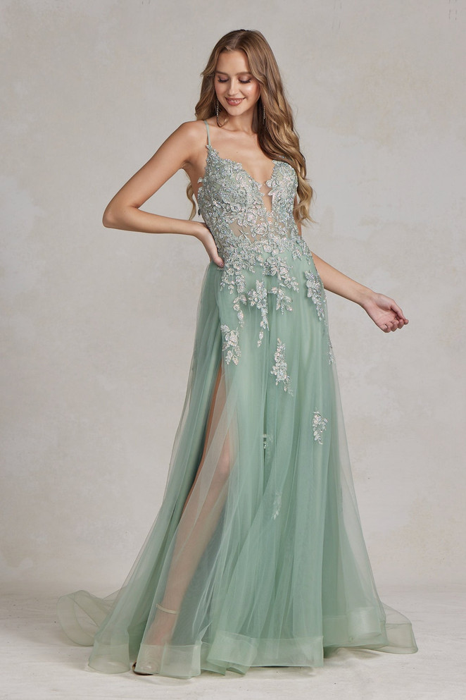 A-Line Tulle Skirt Embroidered Lace Long Prom Dress NXG1149