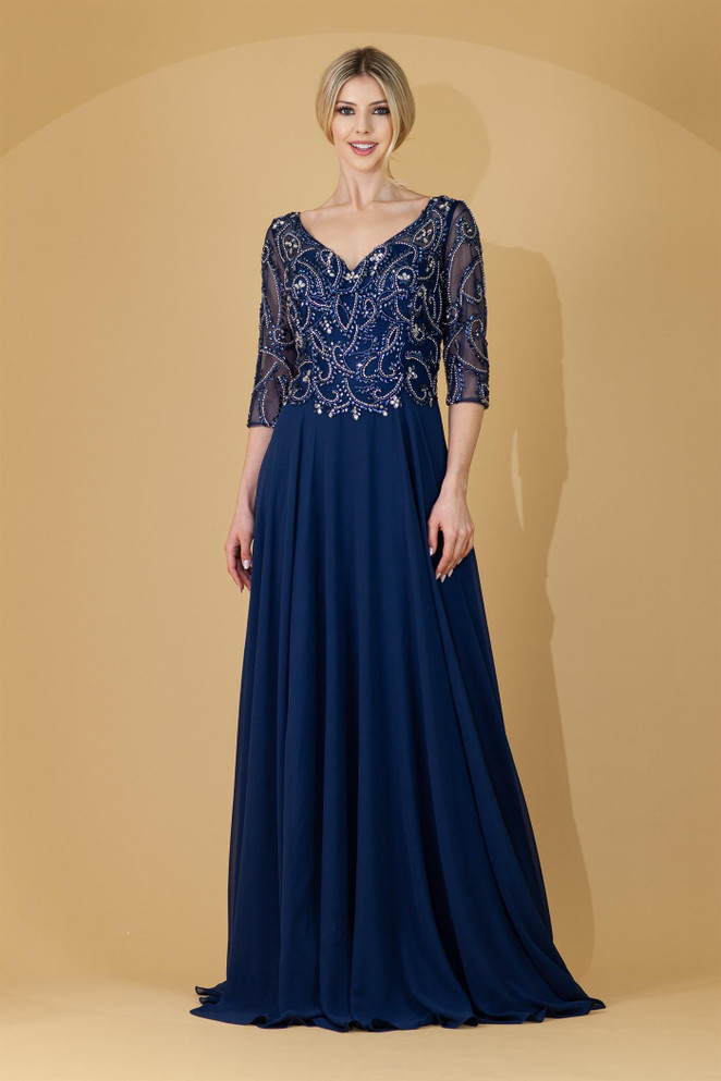 Sheer Sleeves V-Neck Embroidered Bodice Long Mother Of The Bride Dress AC7046