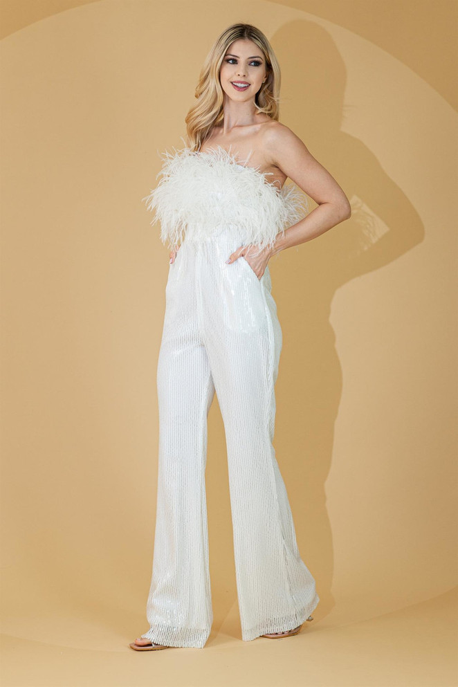 Feather Embellished Strapless Embroidered Sequin Prom Jumpsuit AC3019