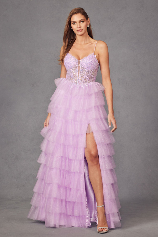 Ruffle Tulle With A Deep Lace Corset Bodice And Lace Up Back Prom Dress JTJT2458A