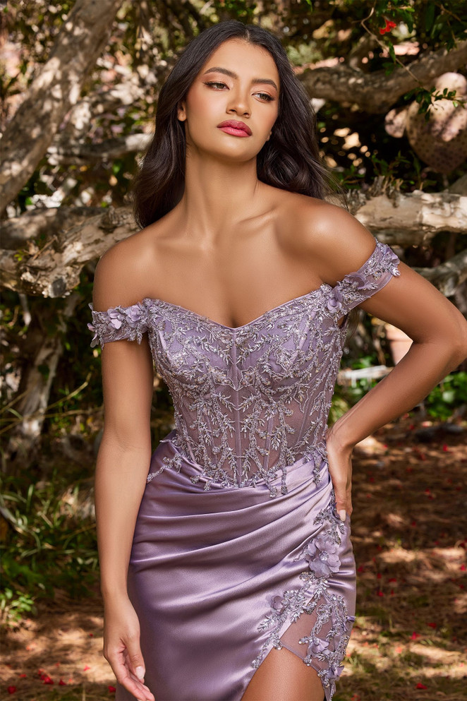 Floral Off Shoulder Elegantly Embroidered Gathered on Waist Bodice High Leg Slit Boho Evening & Prom Dress CDCD0186