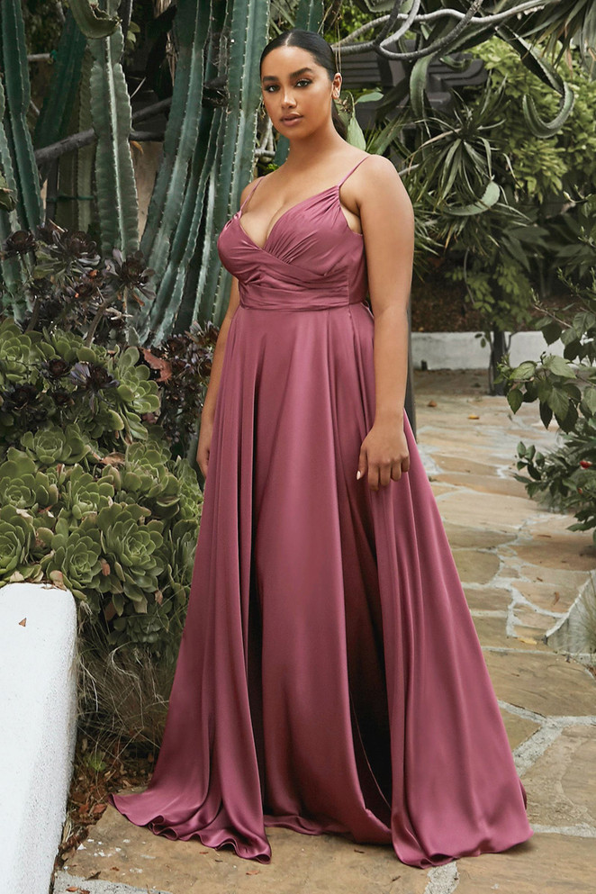 Satin A-line Deep V-Neckline Wrapped Bodice Open Back Long Prom & Bridesmaid Dress CD7485C