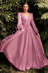 Long Sleeve Chiffon Prom & Ball Dress Modest Gown Gathered Fitted Bodice Sensual Open Back A-line Silhouette CDCD0192