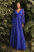 Long Sleeve Chiffon Prom & Ball Dress Modest Gown Gathered Fitted Bodice Sensual Open Back A-line Silhouette CDCD0192