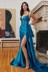 Satin Fitted Sexy Prom & Bridesmaid Gown Beaded lace details V-neck Bodice Sequin Gala Red Carpet Dress with Sensual Leg Slit CDCDS418