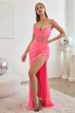 Fitted Corset Side Slit Satin Cowl Neck Spaghetti Straps Long Gown CDCD265