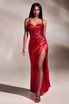 Fitted Corset Side Slit Satin Cowl Neck Spaghetti Straps Long Gown CDCD265