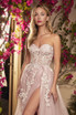 Corset Strapless Floral Appliqué A-line Glittery Skirt Sweetheart Neckline Bodice High Leg Slit Gown CDA1029