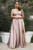 Flowy Satin A-Line Skirt with High Leg Slit Fitted on Waist Bodice Vintage Neckline with Tied Straps Prom Gown CDBD105