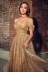 Off The Shoulder Embellished Glitter Open Back Sweetheart Tea Length Prom Dress CDCD870