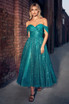 Off The Shoulder Embellished Glitter Open Back Sweetheart Tea Length Prom Dress CDCD870