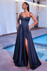 A-Line Satin Side Slit Bustier Spaghetti Straps Long Evening Dress CDCD337