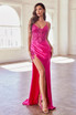 Stretch Satin Glitter & Lace Fitted Side Slit Long Evening Dress CDCDS439