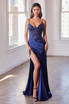 Stretch Satin Glitter & Lace Fitted Side Slit Long Evening Dress CDCDS439