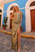 Side Slit Satin Skirt Embroidered Bodice Open Back Long Evening Dress NXA1372