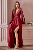 Satin V-Neckline Fitted on a waist A-Line Skirt Leg Slit Long Evening Dress CD7475