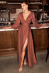 Satin V-Neckline Fitted on a waist A-Line Skirt Leg Slit Long Evening Dress CD7475