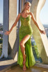 Sequin Fitted Side Slit Sheer Bodice Straps Long Evening Dress CDCD0220