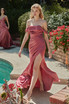 Satin High Leg Slit Off The Shoulder Draped Bodice Open Back Long Prom & Bridesmaid Dress CD7488