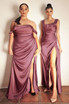 Satin Off or On Shoulder Gathered Fitted Bodice Leg Slit Long Prom & Bridesmaid Dress CD7488C