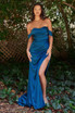 Satin Off or On Shoulder Gathered Fitted Bodice Leg Slit Long Prom & Bridesmaid Dress CD7488C