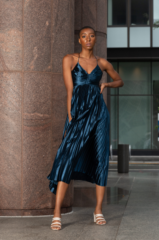 Claude Pleated Fabric Blue Dress