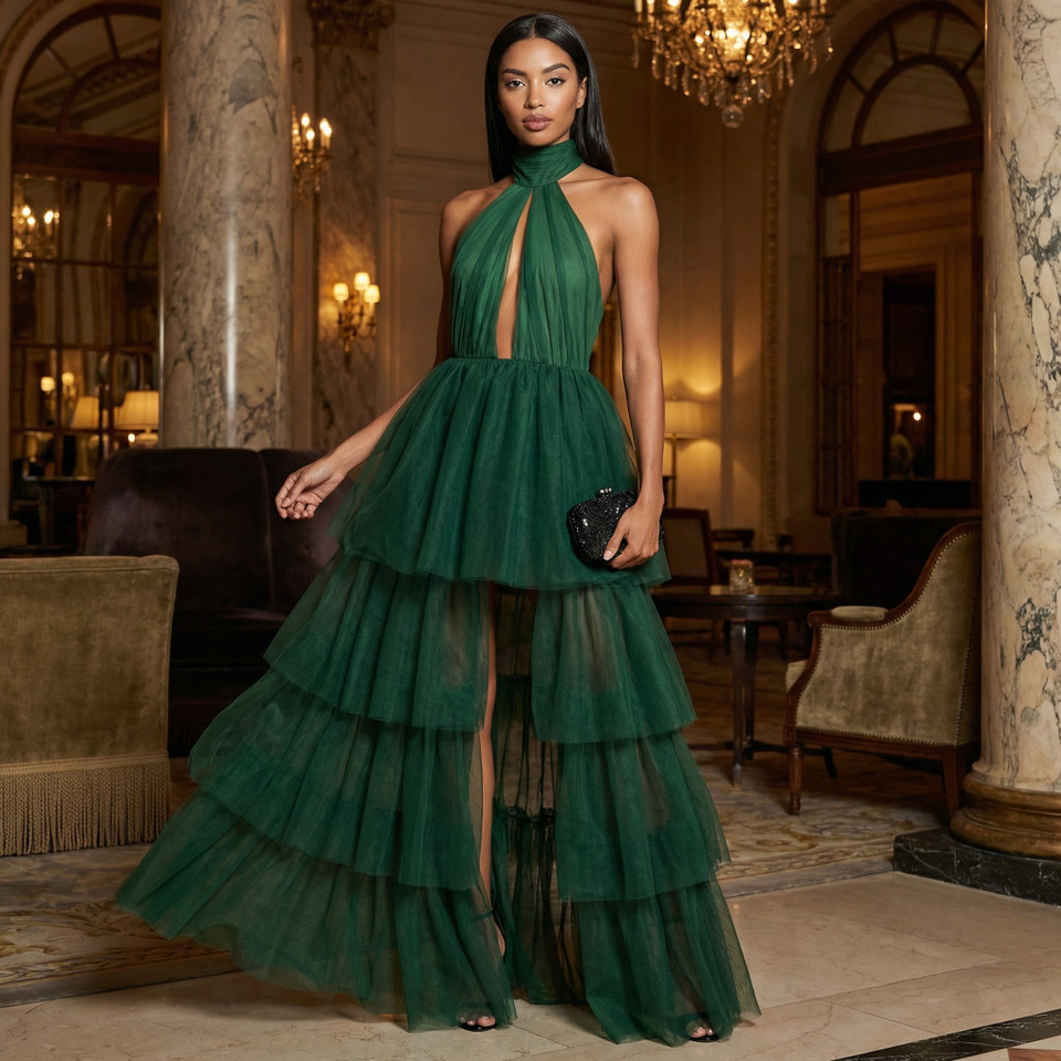 Halter Neck Tiered Ruffled Maxi Dress