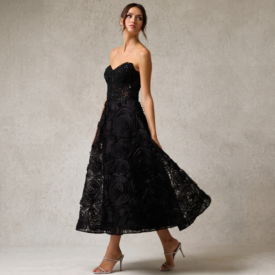 Diane Black Rosette Midi Dress