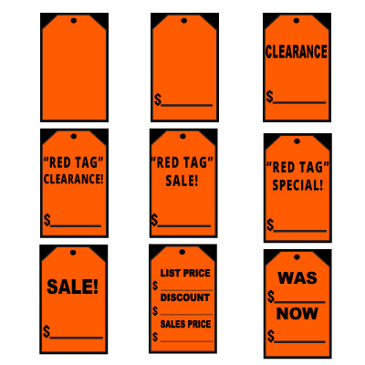 Selection of red stick on tag decals that customers can choose from