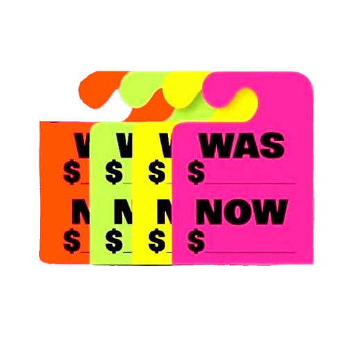 Selection of colors for hook style hang tags that read: WAS/NOW