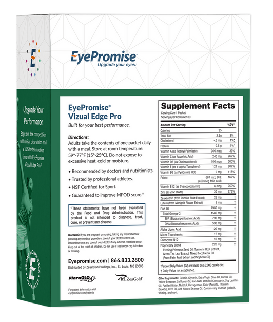 The EyePromise Vizual Edge Pro formula is designed to improve contrast sensitivity, light sensitivity, eye dryness from environmental factors, glare recovery, reaction time, and more.