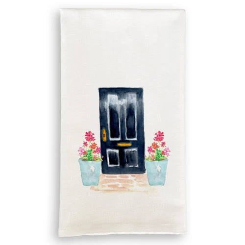 Black Door with Geranium Flower Dish Towel