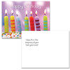 Birthday postcard with photo of 7 striped candles on cake with the words Happy Birthday in bright letters.  Flip side text has the words "hope this is the beginning of your best year ever". 12 of this birthday postcard style per box for business, corporate or school use.