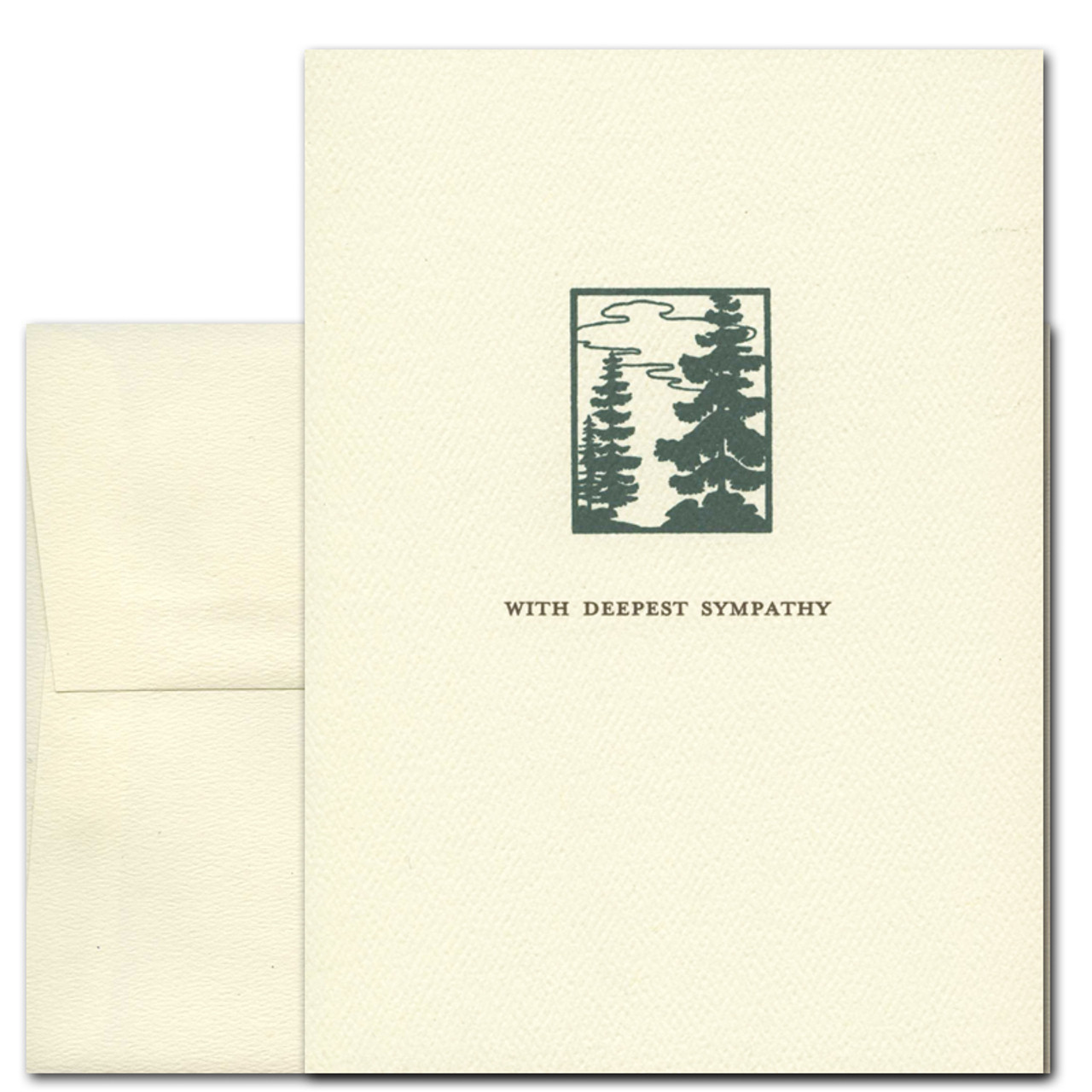 Sympathy Card - Pines is a vintage illustration of pine trees above the words "with deepest sympathy"