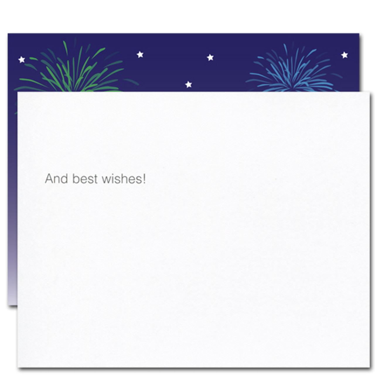 Flip side of Fireworks Congratulations postcard  has the words "and best wishes!" .  There is also room for name and address and space to write a personal congratulations message to the business or corporate person or school student receiving the card