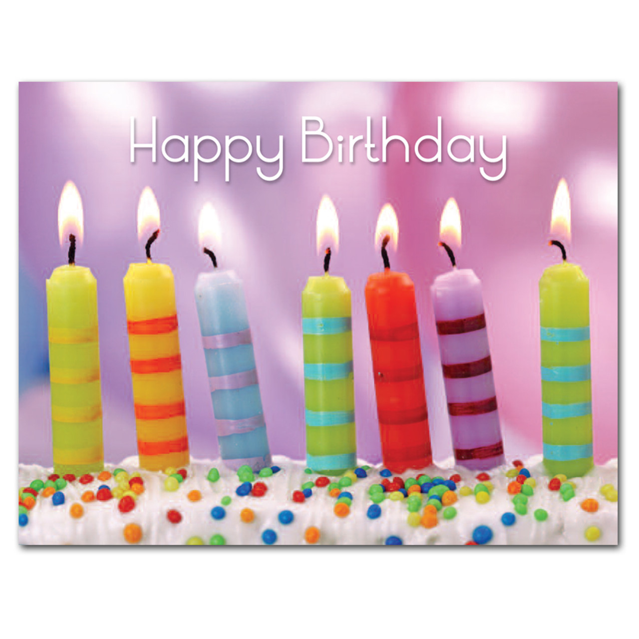 Birthday postcard- “Striped Candles” has photo of 7 striped candles on cake with the words Happy Birthday in bright letters. 